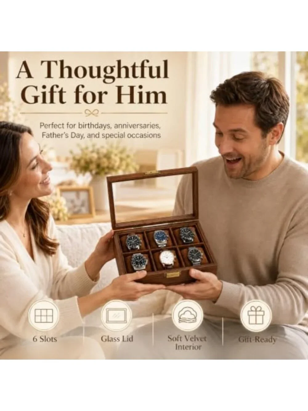 Stylish 6-Slot Wooden Watch Box with Glass Lid - Perfect Gift for Watch Lovers